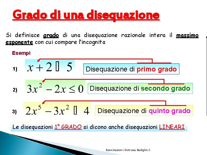 Grado di una disequazione Si definisce grado di una disequazione razionale intera il massimo