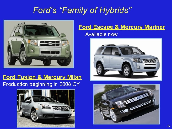 Ford’s “Family of Hybrids” Ford Escape & Mercury Mariner • Available now Ford Fusion