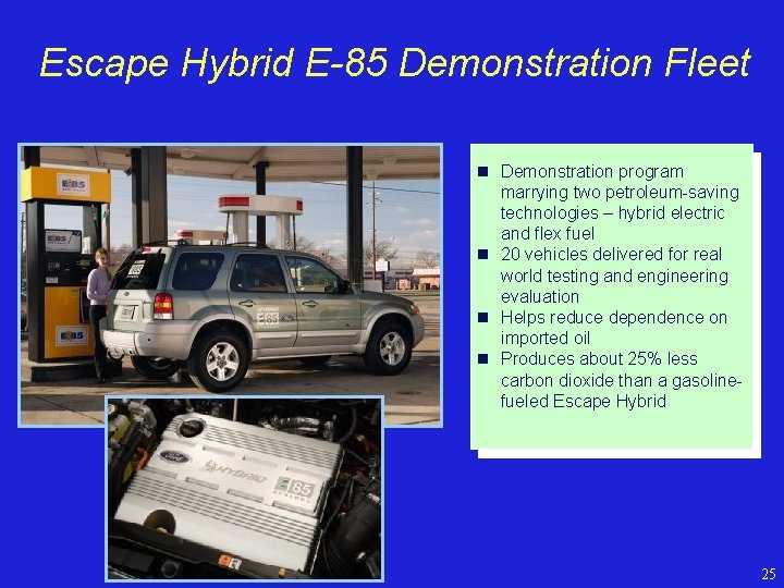 Escape Hybrid E-85 Demonstration Fleet n Demonstration program marrying two petroleum-saving technologies – hybrid