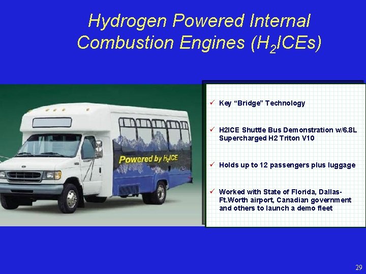 Hydrogen Powered Internal Combustion Engines (H 2 ICEs) ü Key “Bridge” Technology ü H