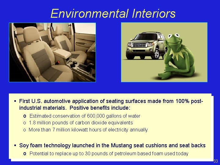 Environmental Interiors § First U. S. automotive application of seating surfaces made from 100%