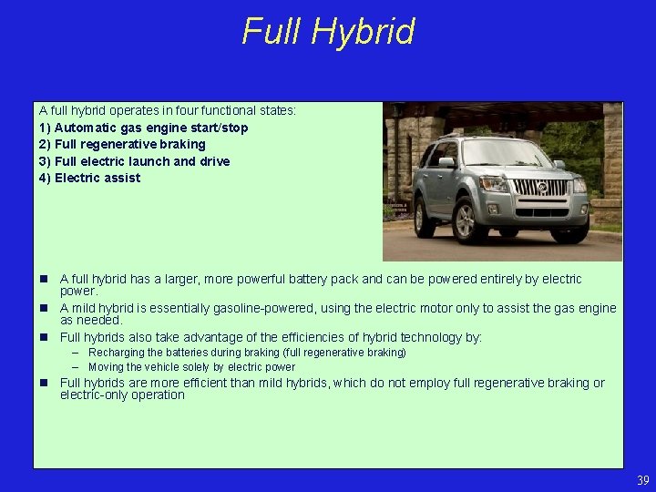 Full Hybrid A full hybrid operates in four functional states: 1) Automatic gas engine
