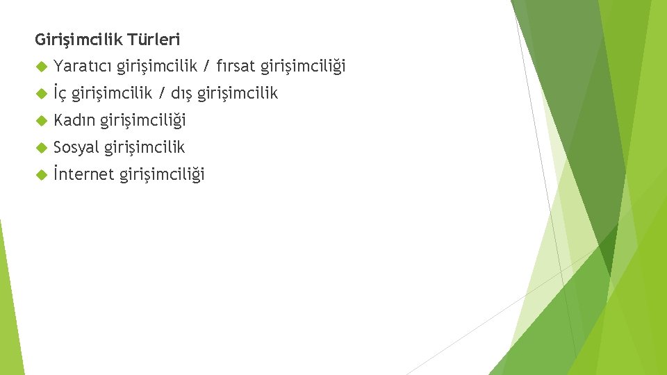 Girişimcilik Türleri Yaratıcı girişimcilik / fırsat girişimciliği İç girişimcilik / dış girişimcilik Kadın girişimciliği