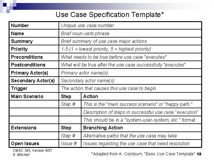 Use Case Specification Template* Number Unique use case number Name Brief noun-verb phrase Summary