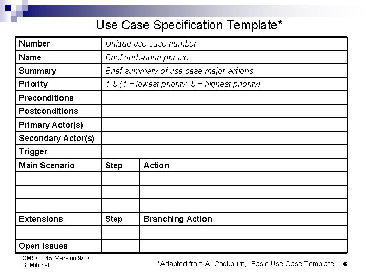 Use Case Specification Template* Number Unique use case number Name Brief verb-noun phrase Summary