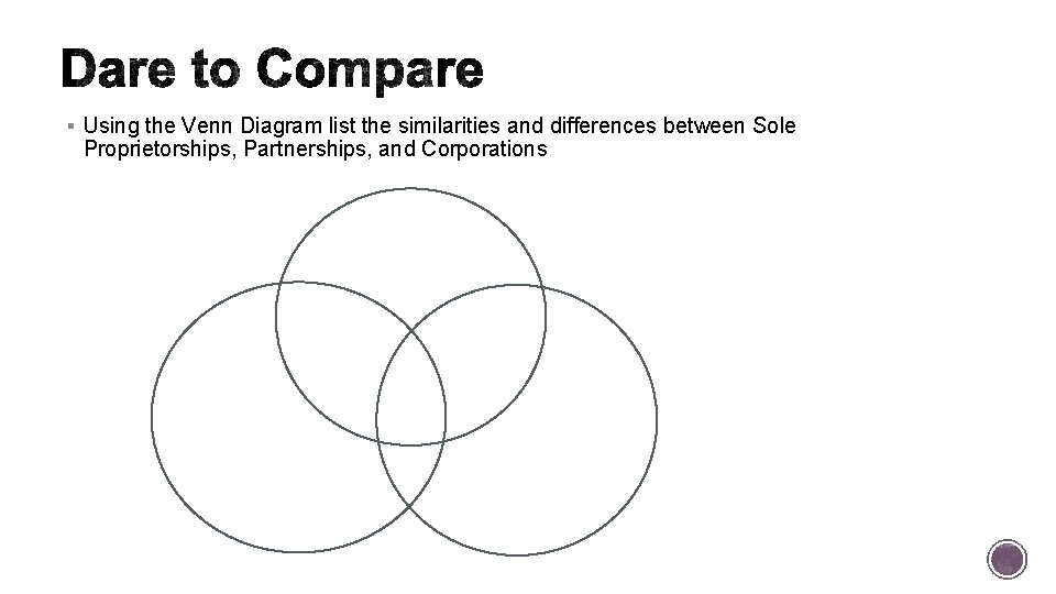 § Using the Venn Diagram list the similarities and differences between Sole Proprietorships, Partnerships,