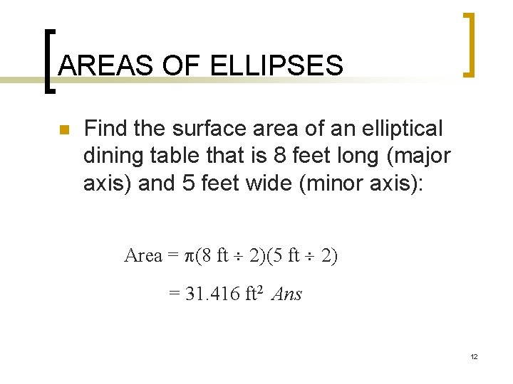AREAS OF ELLIPSES n Find the surface area of an elliptical dining table that
