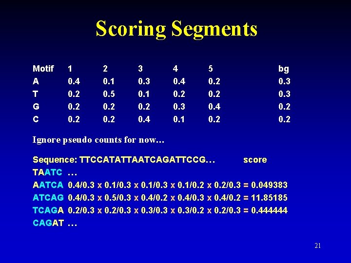 Scoring Segments Motif A T G C 1 0. 4 0. 2 2 0.