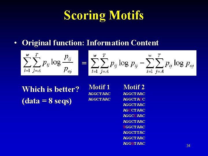 Scoring Motifs • Original function: Information Content = Which is better? (data = 8