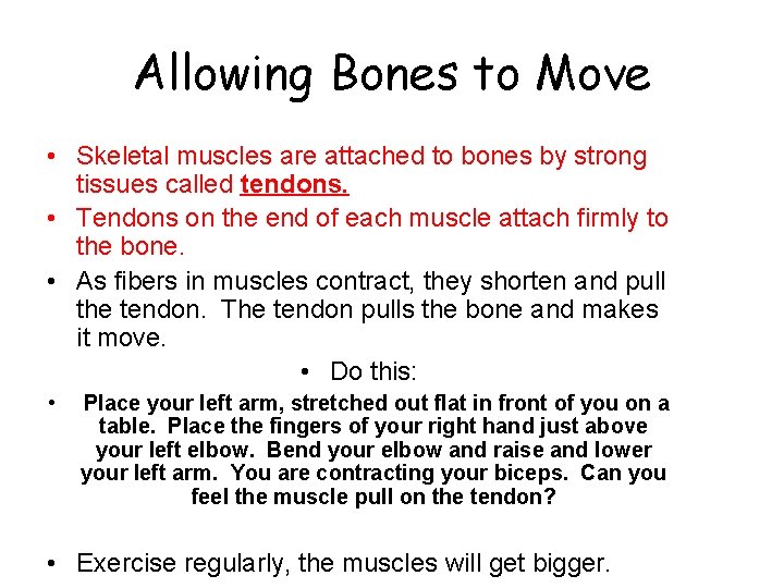 Allowing Bones to Move • Skeletal muscles are attached to bones by strong tissues