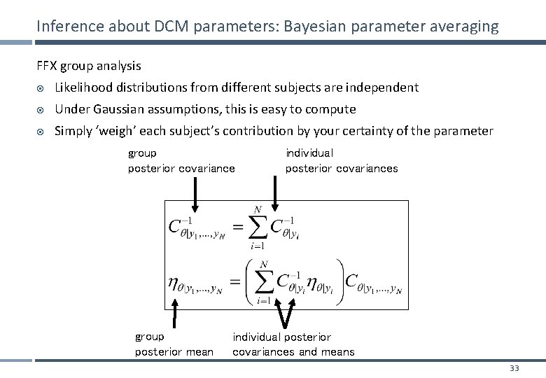 Inference about DCM parameters: Bayesian parameter averaging FFX group analysis Likelihood distributions from different