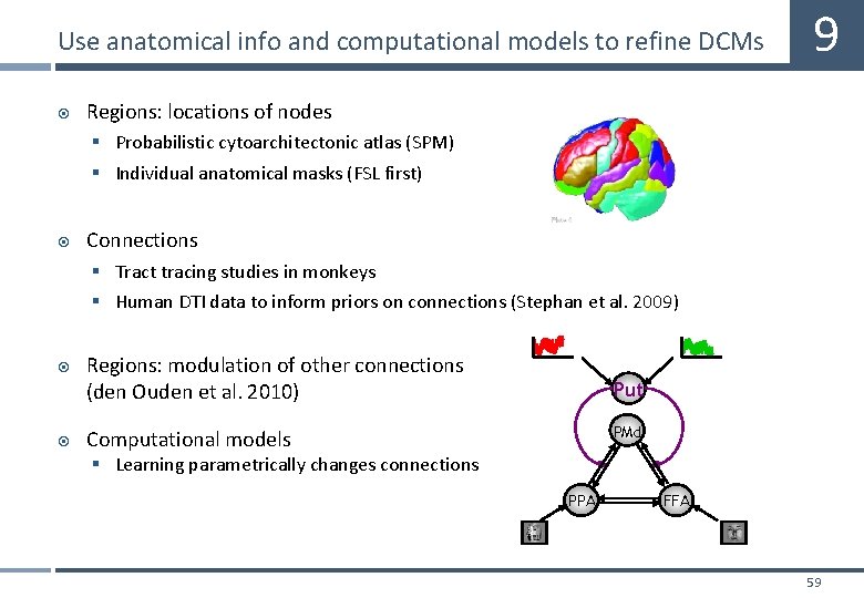 Use anatomical info and computational models to refine DCMs 9 Regions: locations of nodes