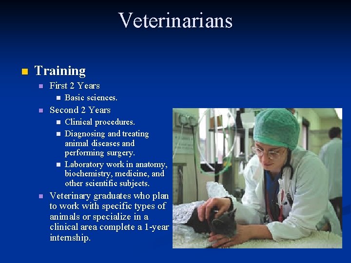 Veterinarians n Training n First 2 Years n n Second 2 Years n n