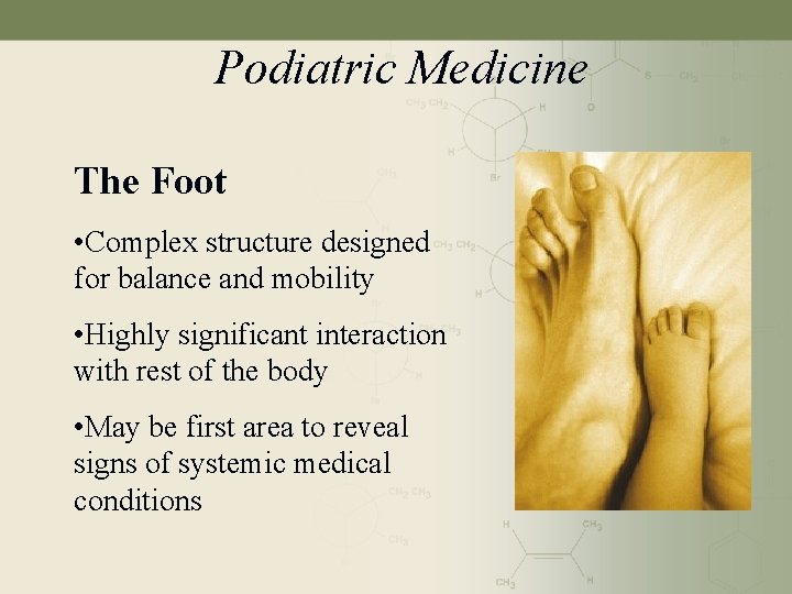 Podiatric Medicine The Foot • Complex structure designed for balance and mobility • Highly