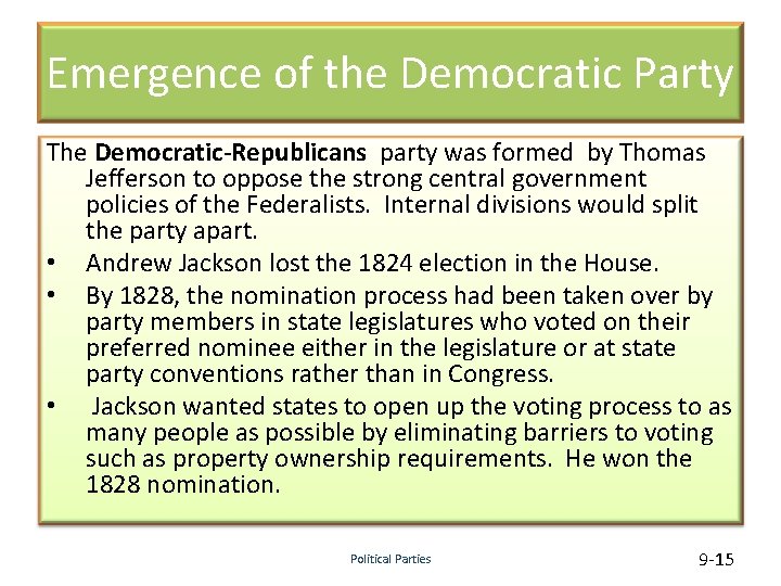 Emergence of the Democratic Party The Democratic-Republicans party was formed by Thomas Jefferson to