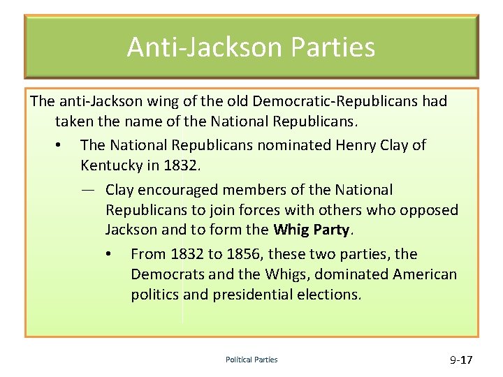 Anti-Jackson Parties The anti-Jackson wing of the old Democratic-Republicans had taken the name of