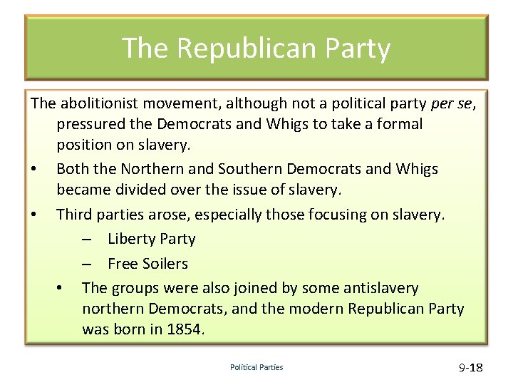 The Republican Party The abolitionist movement, although not a political party per se, pressured