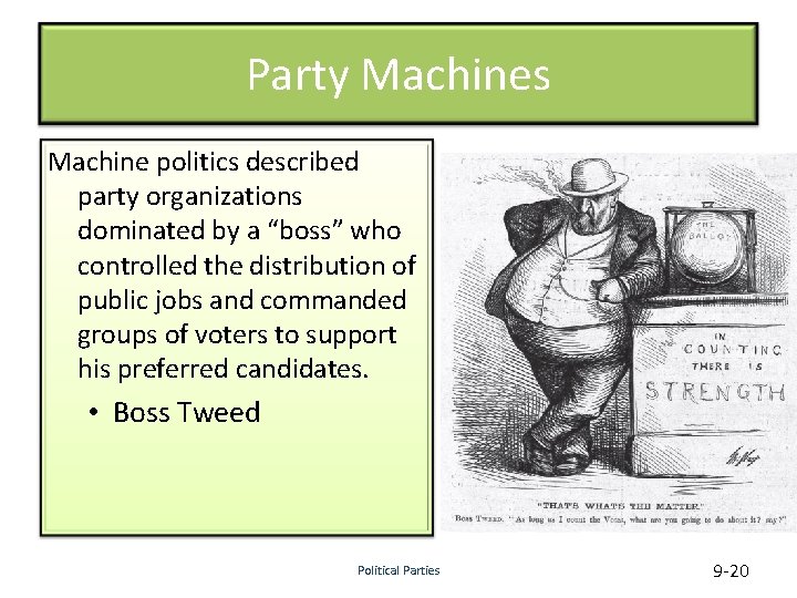 Party Machines Machine politics described party organizations dominated by a “boss” who controlled the