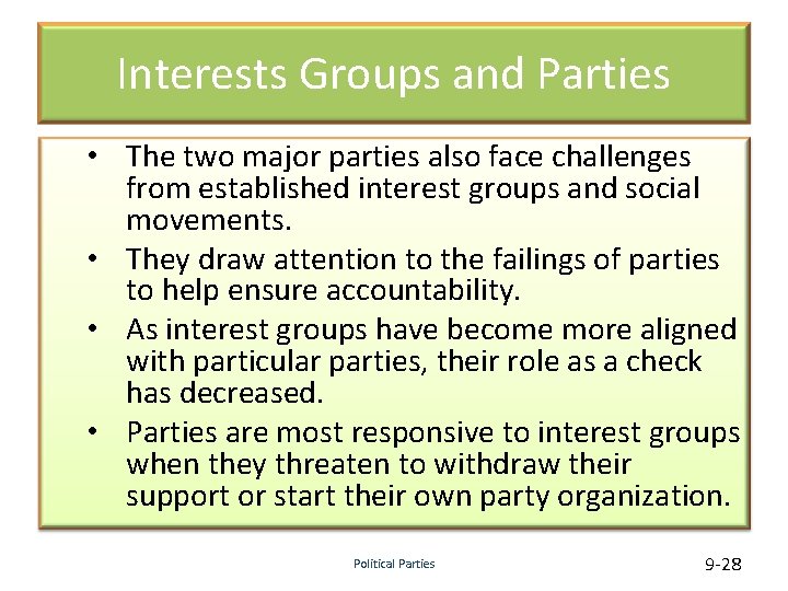 Interests Groups and Parties • The two major parties also face challenges from established