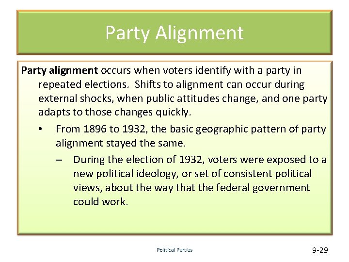 Party Alignment Party alignment occurs when voters identify with a party in repeated elections.