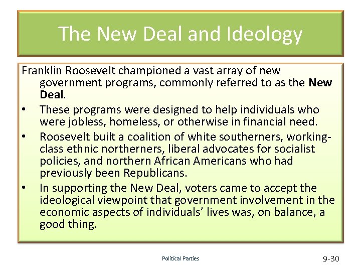 The New Deal and Ideology Franklin Roosevelt championed a vast array of new government