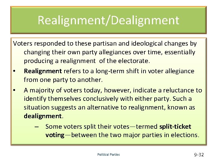 Realignment/Dealignment Voters responded to these partisan and ideological changes by changing their own party