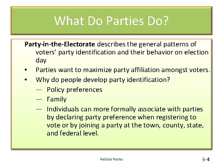 What Do Parties Do? Party-in-the-Electorate describes the general patterns of voters’ party identification and