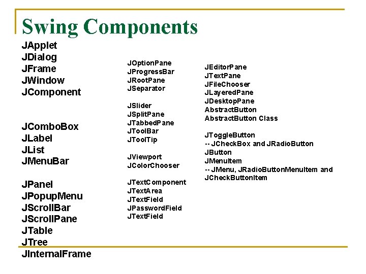 Swing Components JApplet JDialog JFrame JWindow JComponent JCombo. Box JLabel JList JMenu. Bar JPanel