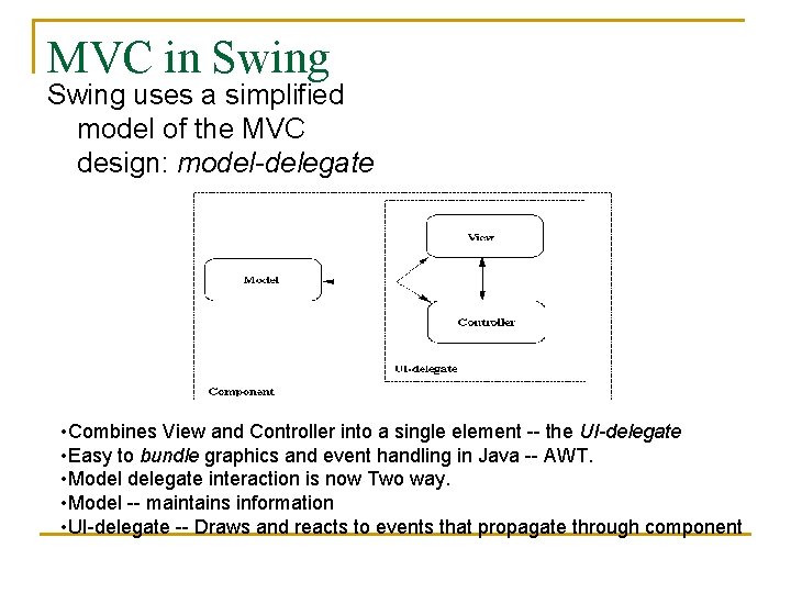 MVC in Swing uses a simplified model of the MVC design: model-delegate • Combines