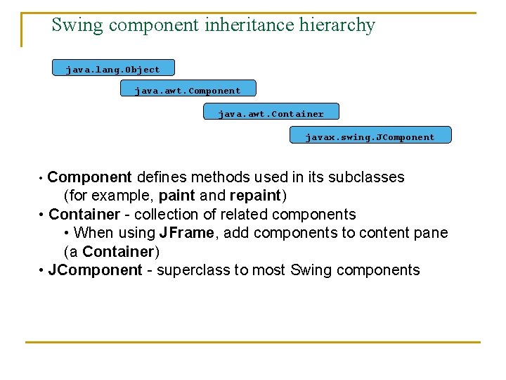 Swing component inheritance hierarchy java. lang. Object java. awt. Component java. awt. Container javax.