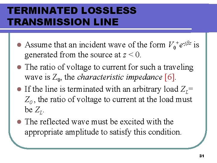 TERMINATED LOSSLESS TRANSMISSION LINE Assume that an incident wave of the form V 0+e-jβz
