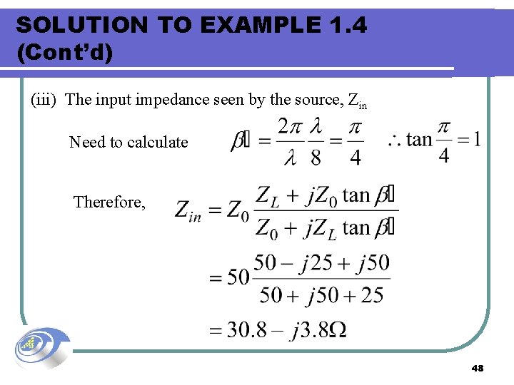 SOLUTION TO EXAMPLE 1. 4 (Cont’d) (iii) The input impedance seen by the source,