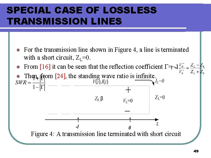 SPECIAL CASE OF LOSSLESS TRANSMISSION LINES For the transmission line shown in Figure 4,