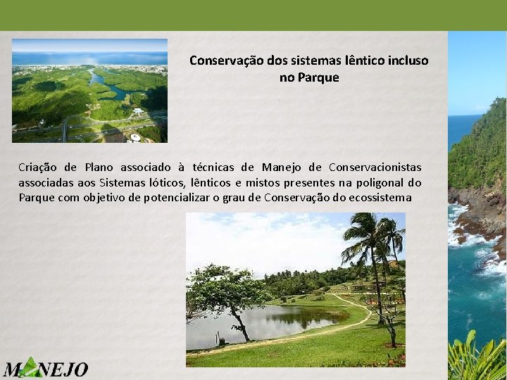 Conservação dos sistemas lêntico incluso no Parque Criação de Plano associado à técnicas de