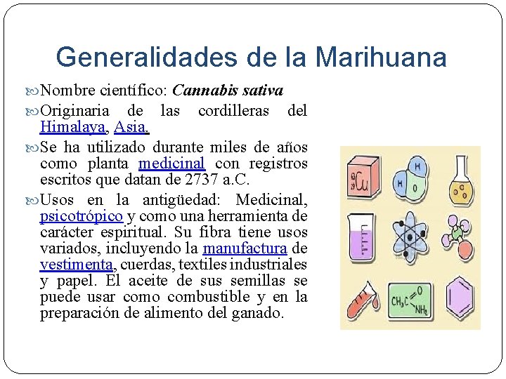 Generalidades de la Marihuana Nombre científico: Cannabis sativa Originaria de las cordilleras del Himalaya,