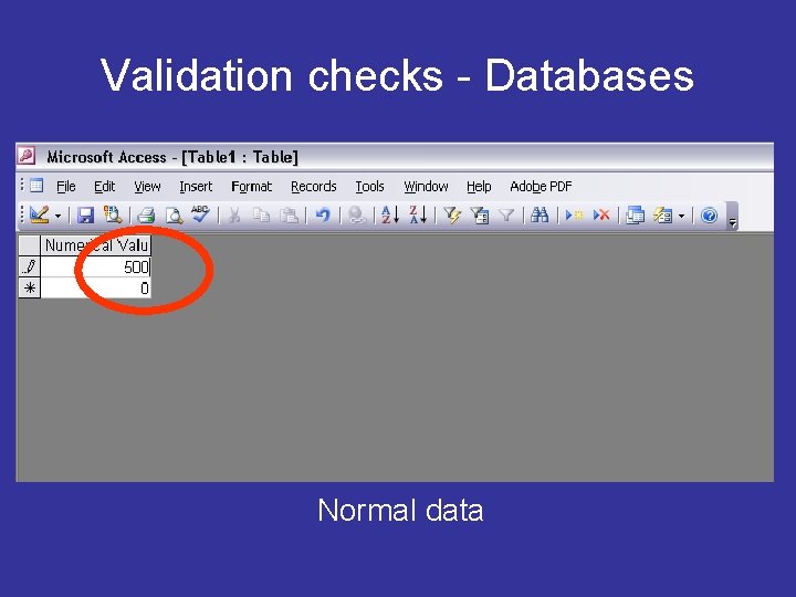 Validation checks - Databases Normal data 