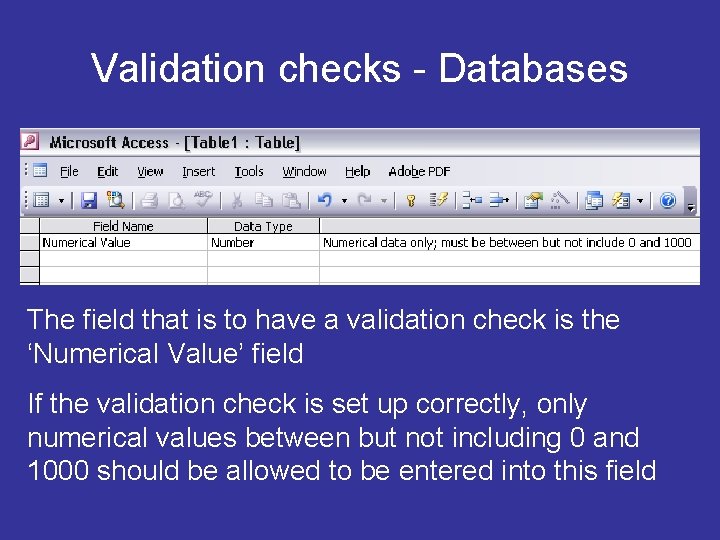 Validation checks - Databases The field that is to have a validation check is