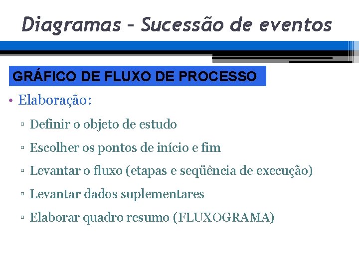 Diagramas – Sucessão de eventos GRÁFICO DE FLUXO DE PROCESSO • Elaboração: ▫ Definir Diagramas – Sucessão de eventos GRÁFICO DE FLUXO DE PROCESSO • Elaboração: ▫ Definir