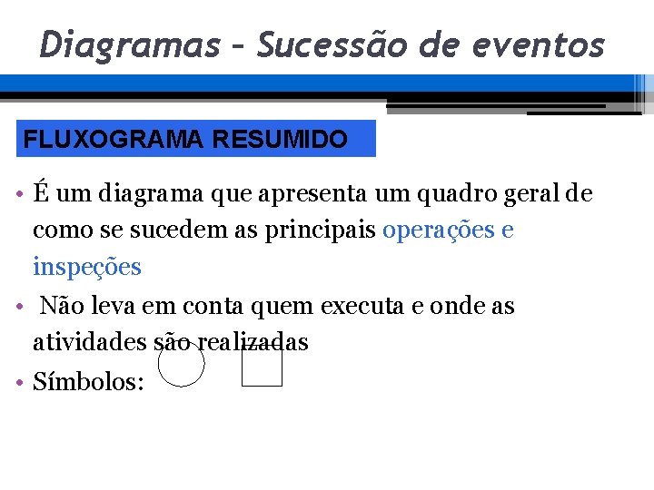 Diagramas – Sucessão de eventos FLUXOGRAMA RESUMIDO • É um diagrama que apresenta um Diagramas – Sucessão de eventos FLUXOGRAMA RESUMIDO • É um diagrama que apresenta um
