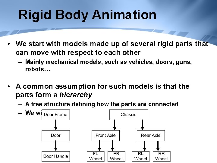 Rigid Body Animation • We start with models made up of several rigid parts