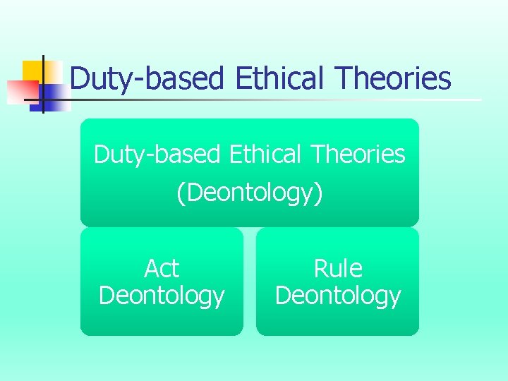 Duty-based Ethical Theories (Deontology) Act Deontology Rule Deontology 