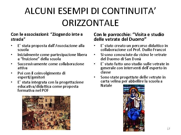 ALCUNI ESEMPI DI CONTINUITA’ ORIZZONTALE Con le associazioni: “Ziogando inte a strada” • •