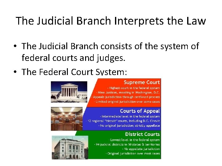 The Judicial Branch Interprets the Law • The Judicial Branch consists of the system