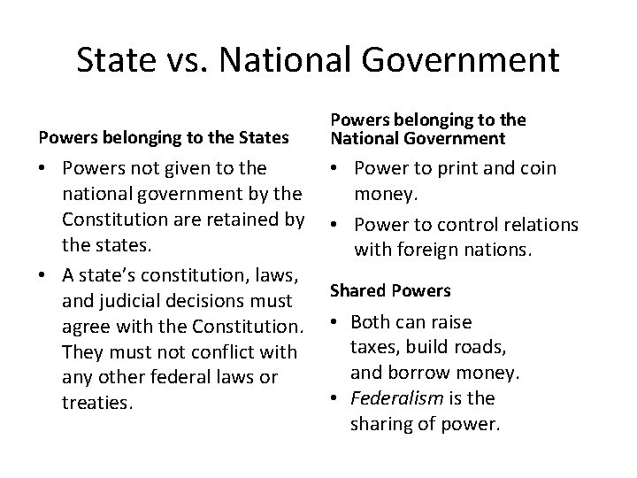 State vs. National Government Powers belonging to the States • Powers not given to