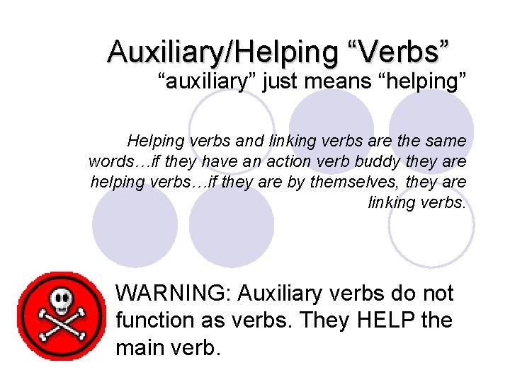 Auxiliary/Helping “Verbs” “auxiliary” just means “helping” Helping verbs and linking verbs are the same