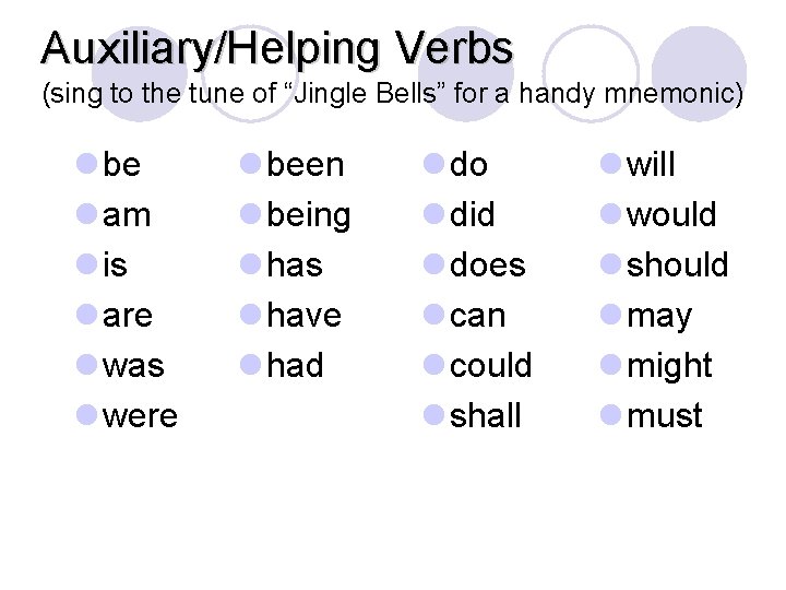 Auxiliary/Helping Verbs (sing to the tune of “Jingle Bells” for a handy mnemonic) l