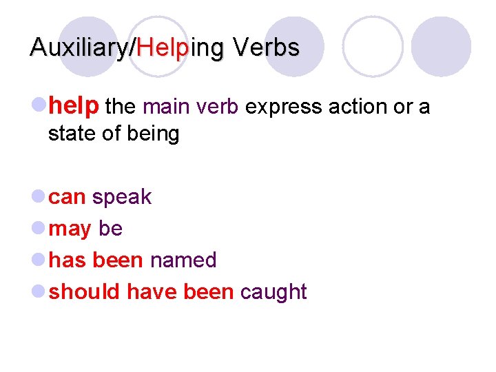 Auxiliary/Helping Verbs lhelp the main verb express action or a state of being l