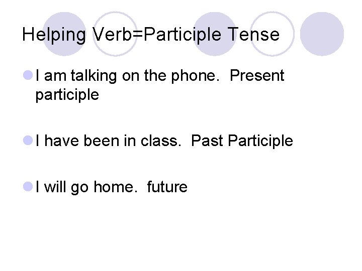 Helping Verb=Participle Tense l I am talking on the phone. Present participle l I