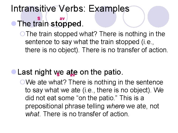 Intransitive Verbs: Examples S av l The train stopped. ¡The train stopped what? There