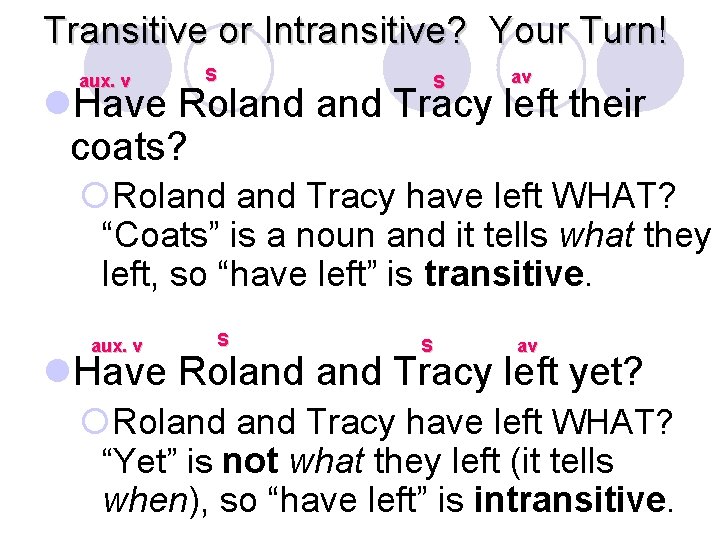 Transitive or Intransitive? Your Turn! aux. v S S av l. Have Roland Tracy